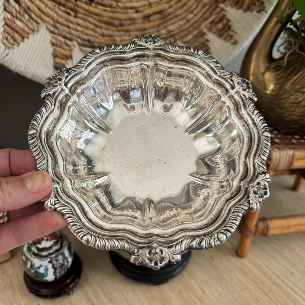 Vintage International Silver “Countess” Ornate Footed Dish 7” Tray, Bar Decor